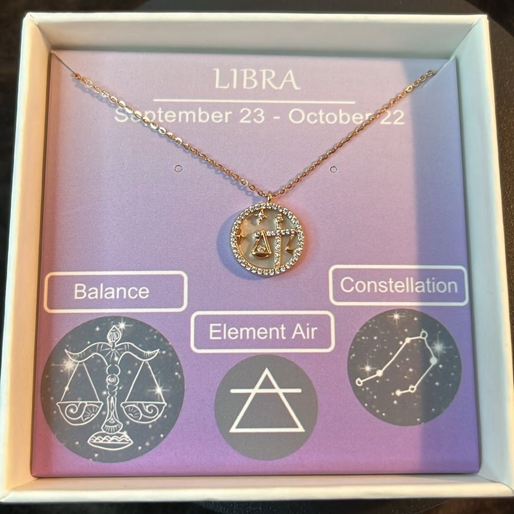 LIBRA ZODIAC MOTHER OF PEARL COIN NECKLACE 14k RG/ 925 Silver 17”